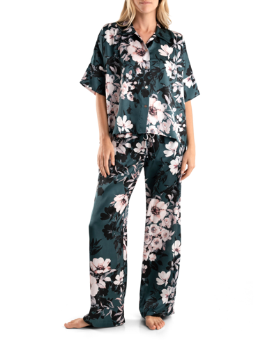 Shop Midnight Bakery Floral Notch Collar Pant Pajama Set In Teal