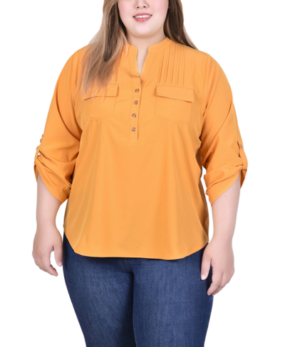 Ny Collection Plus Size Long Tab Sleeve Blouse With Pockets In Golden Glow