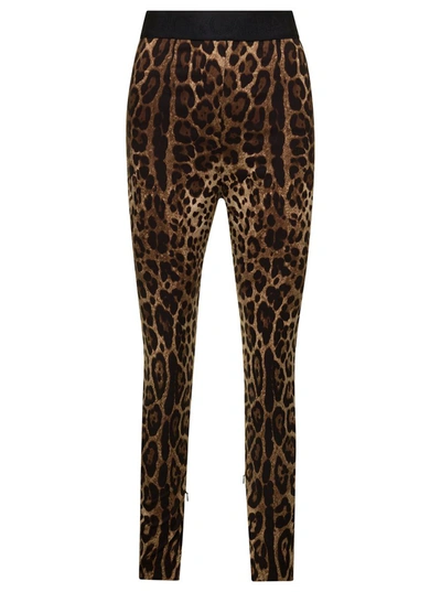 Shop Dolce & Gabbana Brown Leopard Printed Leggings In Stretch Silk Woman In Beige