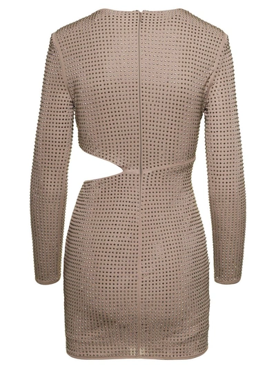 Shop Self-portrait Mini Dress With Cut-out And All-over Crystal Embellishment In Beige Viscose Woman In Grey