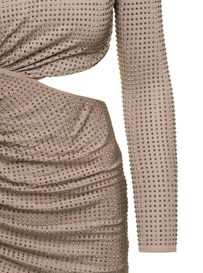 Shop Self-portrait Mini Dress With Cut-out And All-over Crystal Embellishment In Beige Viscose Woman In Grey