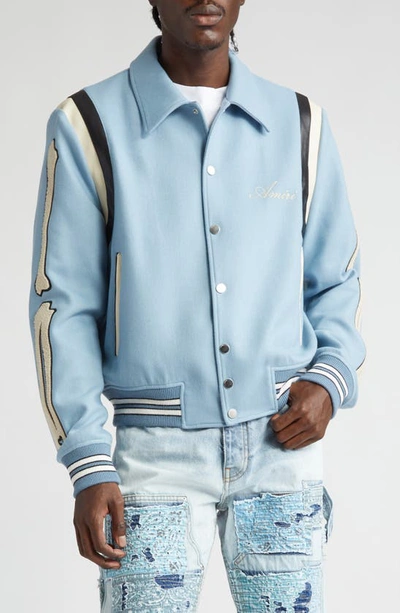 Shop Amiri Bones Wool Blend Varsity Jacket In Slate Blue