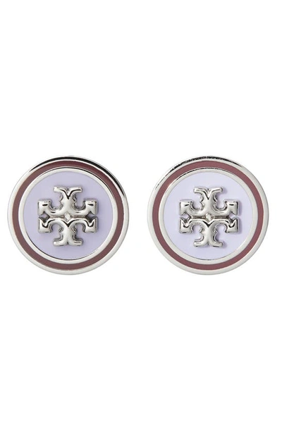 Shop Tory Burch Kira Enamel Circle Stud Earrings In Tory Silver/ Truffle/ Lavender