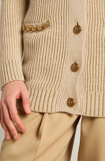 Shop Golden Goose Chain Detail Wool Blend Rib Cardigan In Lambs Wool/ Gold