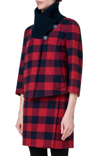 Shop Akris Punto Buffalo Check Wool & Cotton Jacket In 076 Crimson-navy