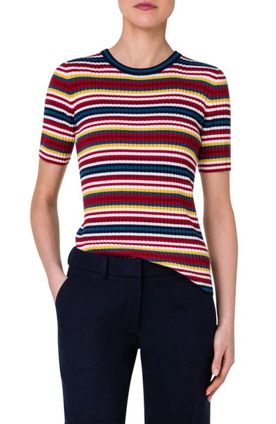 Shop Akris Punto Stripe Short Sleeve Milano Knit Virgin Wool Rib Sweater In Yellow Multicolor