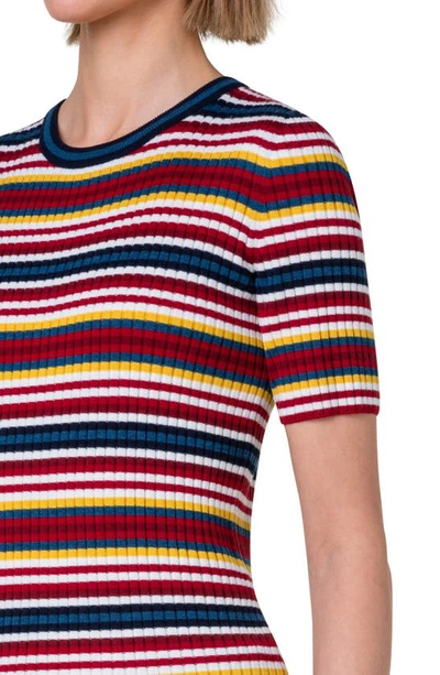 Shop Akris Punto Stripe Short Sleeve Milano Knit Virgin Wool Rib Sweater In Yellow Multicolor