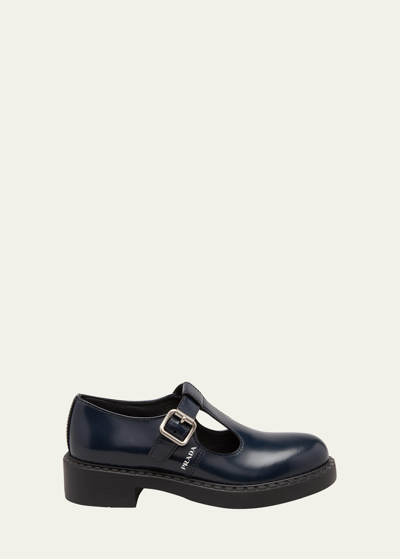 Shop Prada Mary Jane Buckle Loafers In Bleu