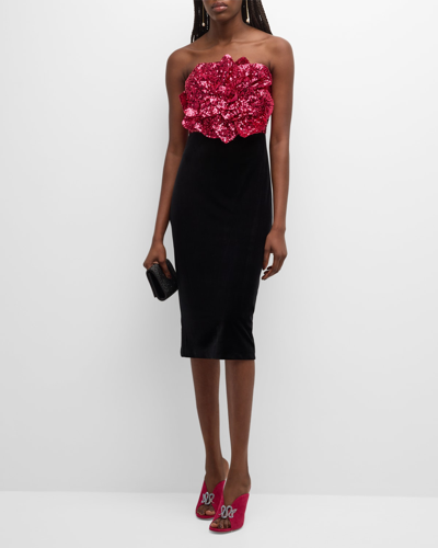 Shop Badgley Mischka Strapless Sequin Rosette & Velvet Dress In Black Fuchsia