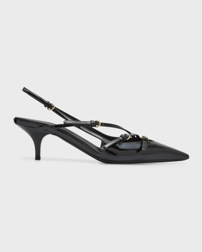 Shop Miu Miu Patent Buckle-trio Slingback Pumps In Nero