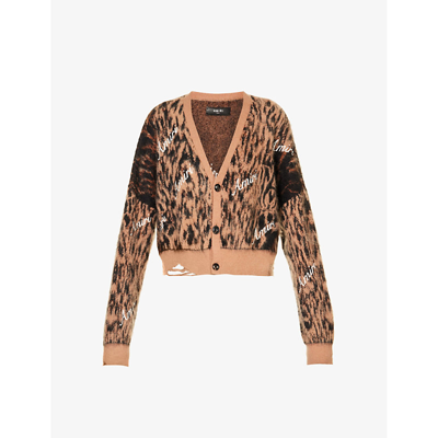 Shop Amiri Women's Brown Cheetah-pattern Logo Cropped Knitted Cardigan