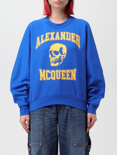 Shop Alexander Mcqueen Cotton Sweatshirt With Logo Print In Blue
