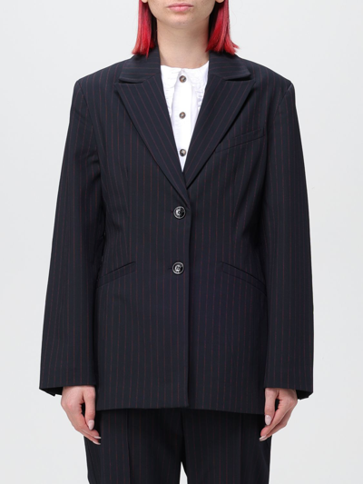 Shop Ganni Blazer In Recycled Viscose Blend With Pinstripe Pattern In Blue