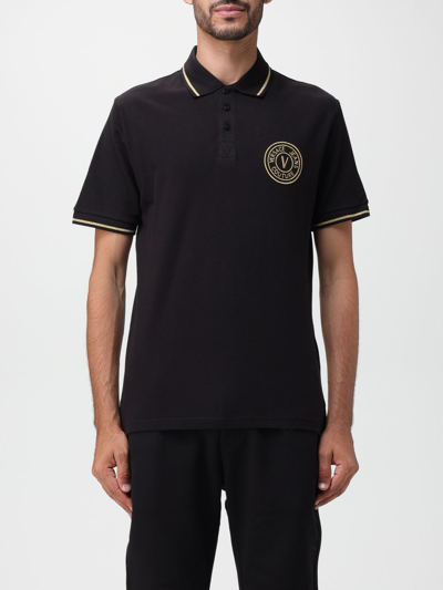 Versace Jeans Couture Cotton Polo Shirt Featuring V-emblem Embroidery In Black