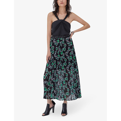 Shop Ikks Women's Black Floral-print Pleated Woven Maxi Skirt