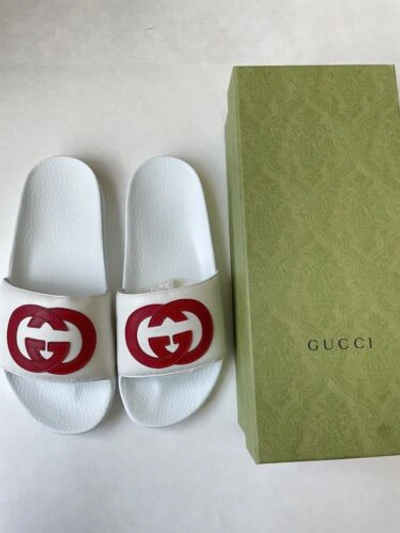 Pre-owned Gucci Womens Pursuit Slides White Red Leather Gg Logo Flip Flop Sandal 40, Us 10