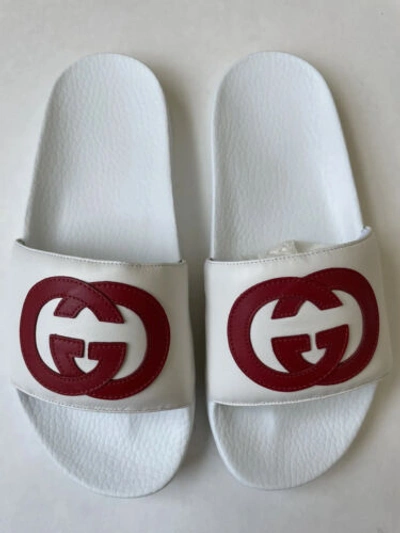 Pre-owned Gucci Womens Pursuit Slides White Red Leather Gg Logo Flip Flop Sandal 40, Us 10
