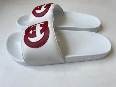 Pre-owned Gucci Womens Pursuit Slides White Red Leather Gg Logo Flip Flop Sandal 40, Us 10
