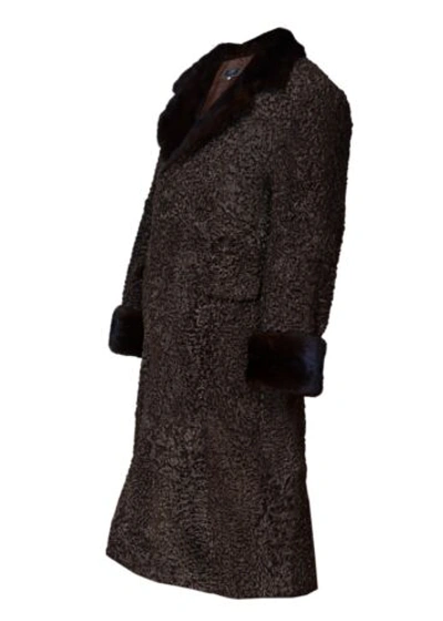 Pre-owned Handmade Brand Brown Real Persian Lamb Fur Long Coat Mink Fur Collar All Sizes Colors