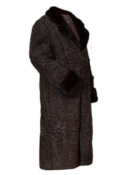 Pre-owned Handmade Brand Brown Real Persian Lamb Fur Long Coat Mink Fur Collar All Sizes Colors