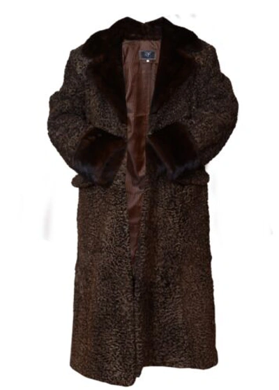 Pre-owned Handmade Brand Brown Real Persian Lamb Fur Long Coat Mink Fur Collar All Sizes Colors