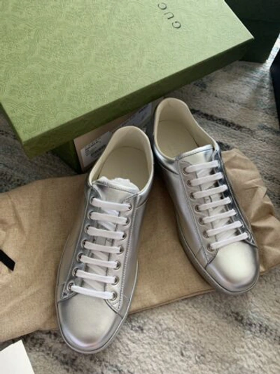 Pre-owned Gucci Ace Mens Low Top Interlocking Gg Sneaker 660266 Silver Leather Italy Sz 8