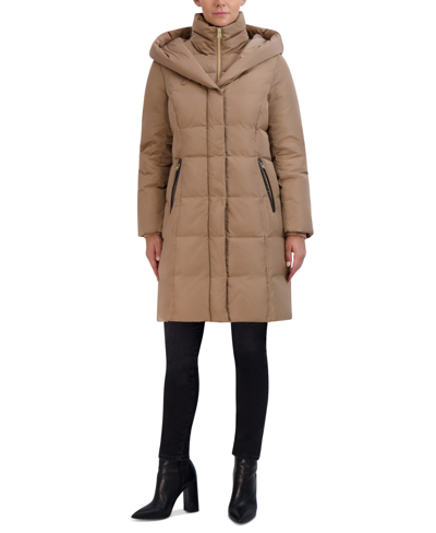 Shop Cole Haan Women's Bibbed Water-resistant Hooded Puffer Coat In Sand