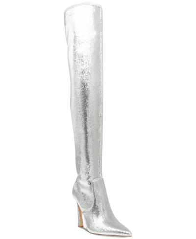 Shop Steve Madden Women's Laddy Pointed-toe Over-the-knee Dress Boots In Silver Sequin