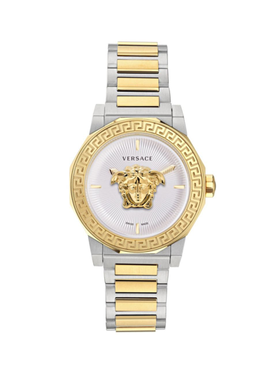 Shop Versace Men's Medusa Deco Two-toned Stainless Steel Bracelet Watch/38mm In Two Tone White