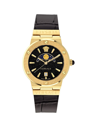 Shop Versace Men's Greca Logo Moonphase Ip Yellow Gold & Leather Strap Watch/38mm