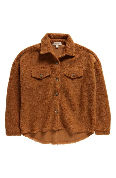 Shop Walking On Sunshine Kids' Textured Fleece Button-up Shirt In Cognac