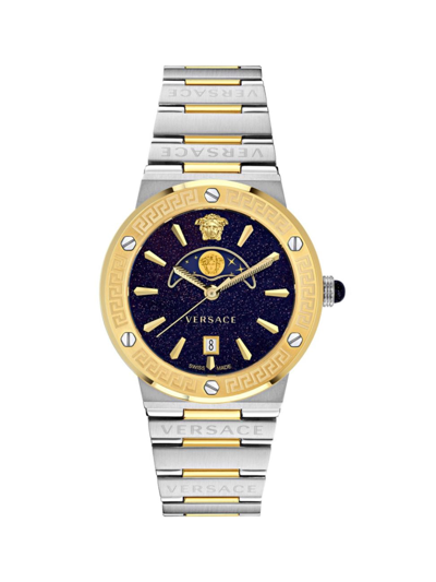 Shop Versace Men's Greca Logo Moonphase Stainless Steel Bracelet Watch/38mm In Two Tone