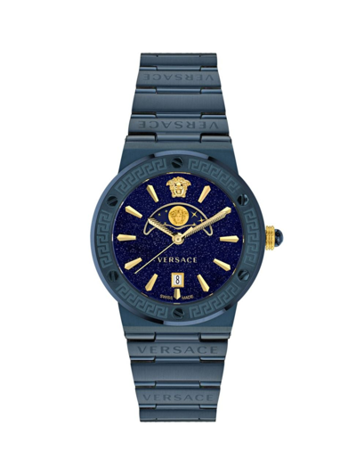 Shop Versace Men's Greca Logo Moonphase Ip Yellow Gold Stainless Steel Bracelet Watch/38mm In Gold Blue