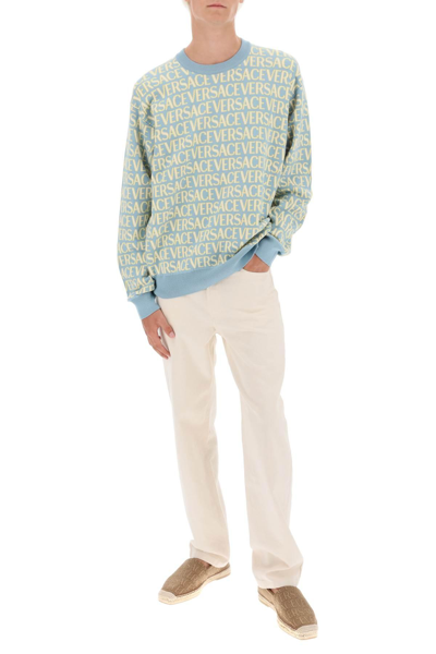 Shop Versace Monogram Cotton Sweater In Light Blue