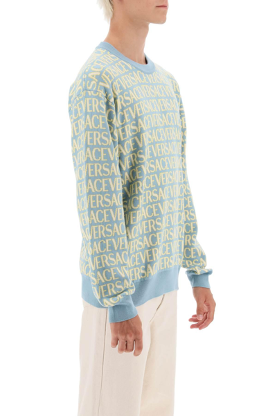 Shop Versace Monogram Cotton Sweater In Light Blue