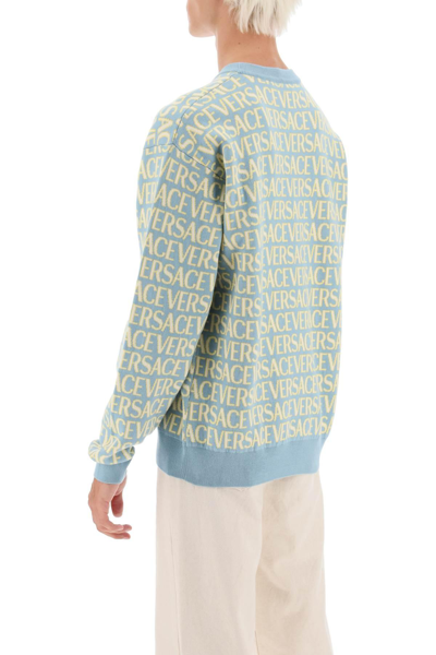 Shop Versace Monogram Cotton Sweater In Light Blue