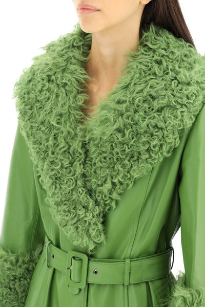 Shop Saks Potts Foxy Leather And Shearling Long Coat In Green