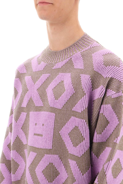 Shop Acne Studios Wool And Cotton Jacquard Sweater In Purple,khaki