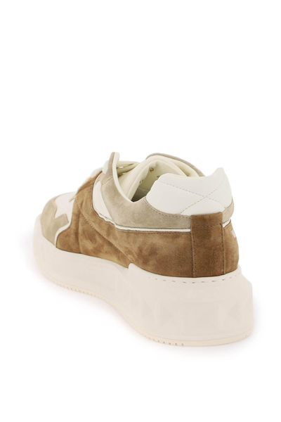 Shop Valentino One Stud Crust And Nappa Leather Sneakers In White,beige