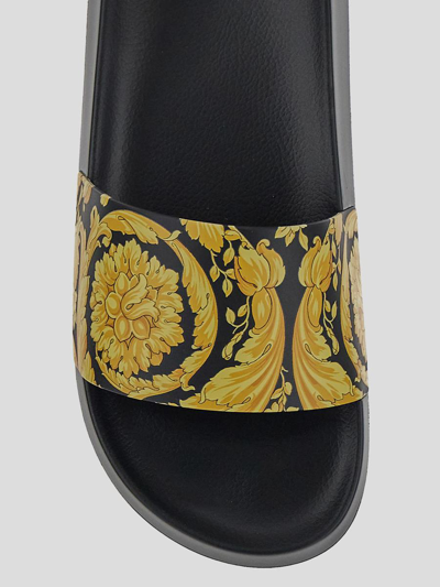 Shop Versace Barocco Print Slides In Black+gold