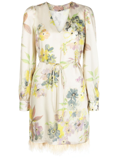Shop Twinset Floral-print Feather-trim Minidress In 中性色