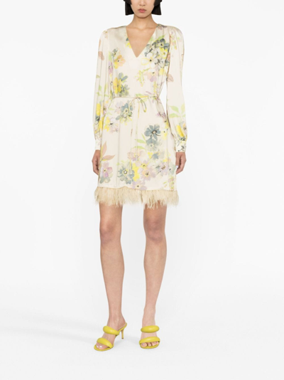 Twinset Floral-print Feather-trim Minidress In 中性色