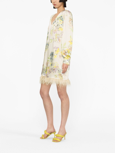 Twinset Floral-print Feather-trim Minidress In 中性色