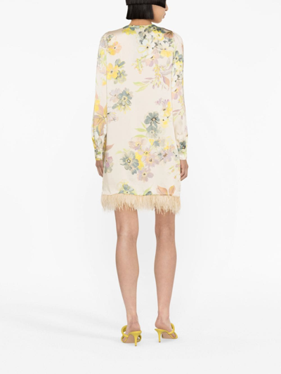 Twinset Floral-print Feather-trim Minidress In 中性色