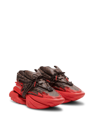 Shop Balmain Unicorn Pb-monogram Sneakers In Red