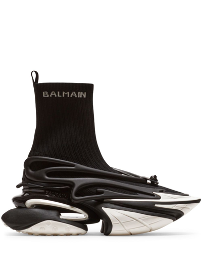 Shop Balmain Unicorn Knitted Sneakers In Black