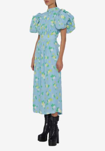 Shop Rotate Birger Christensen Floral Puff-sleeve Midi Dress In Light Blue