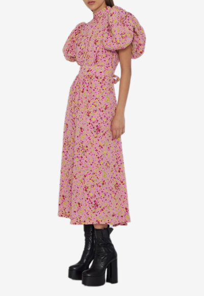 Shop Rotate Birger Christensen Floral Puff-sleeve Midi Dress In Pink