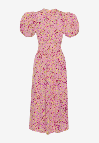 Shop Rotate Birger Christensen Floral Puff-sleeve Midi Dress In Pink