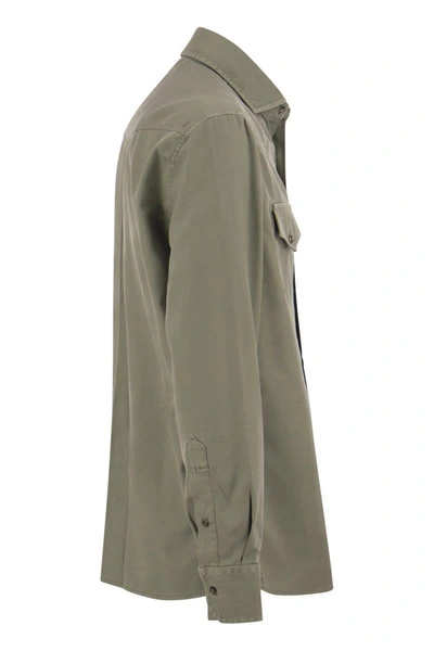 Shop Brunello Cucinelli Garment-dyed Easy-fit Twill Shirt With Press Studs, Epaulettes And Pockets In Sage